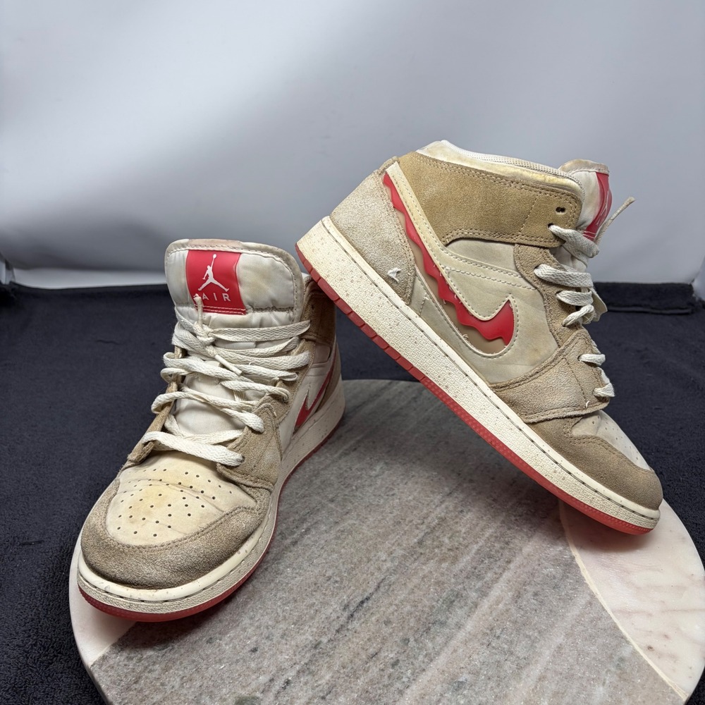 Nike Air Jordan 1 Mid SE PB&J Youth Size 6.5Y Tan Red Suede Shoes Sneakers